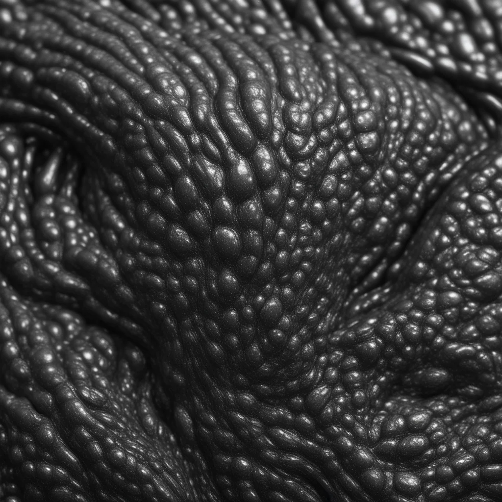 close up details of wrinkled folds flabby wet slimey pores fish scales irridecent bumpy black glossy sculpture blackberr