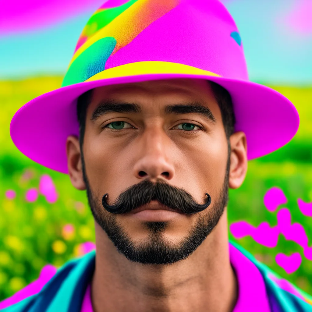 close up man with moustache and nike bucket hat in colorful meadow tom of finland style —ar 1218