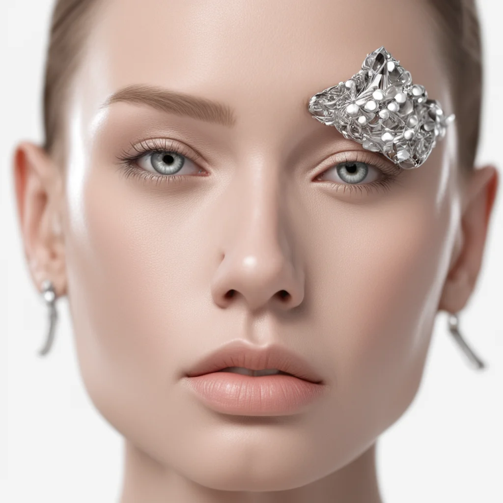 close up photograph of a fashion model wearing silver balenciaga jewelry on their face 4K 3D redshift render fashion pho