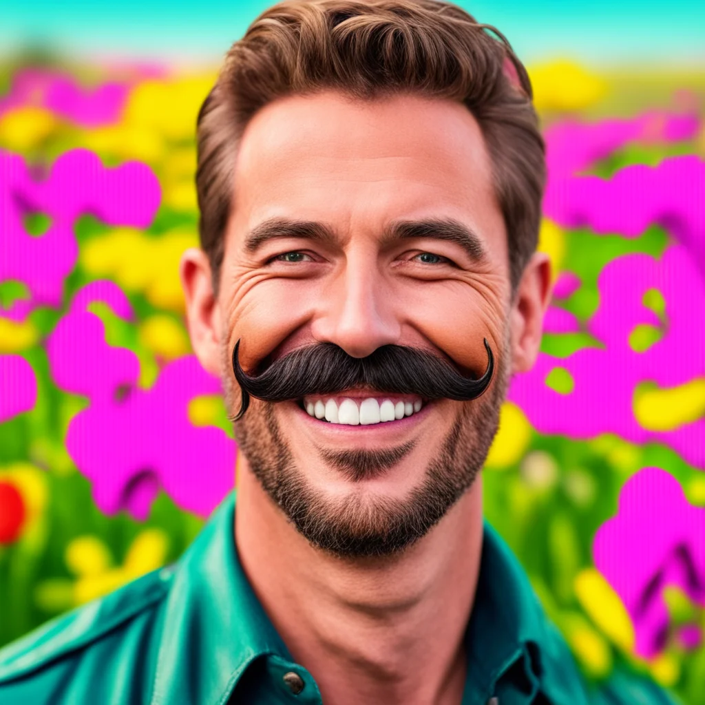 close up smile man with a mustache in a colorful meadow tom of Finland style