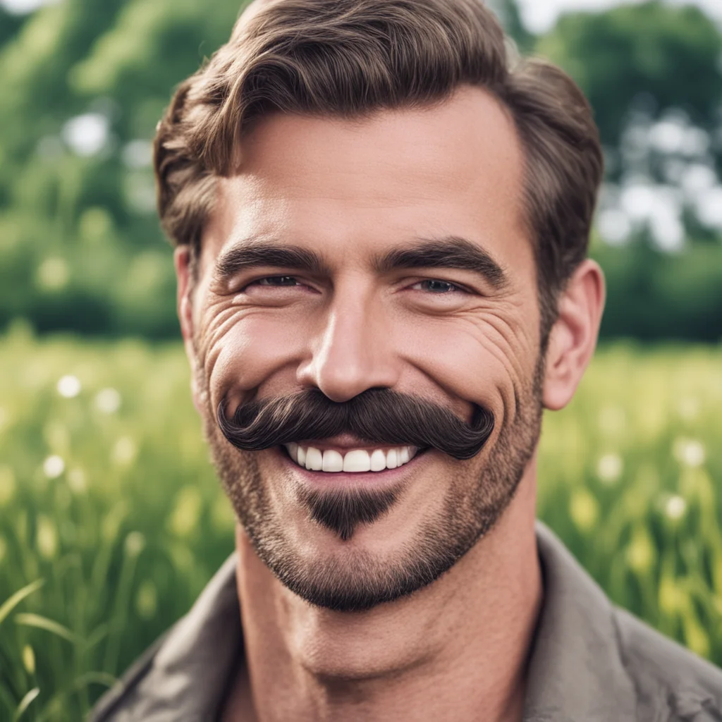 close up smile men with a mustache in a meadow tom of Finland style