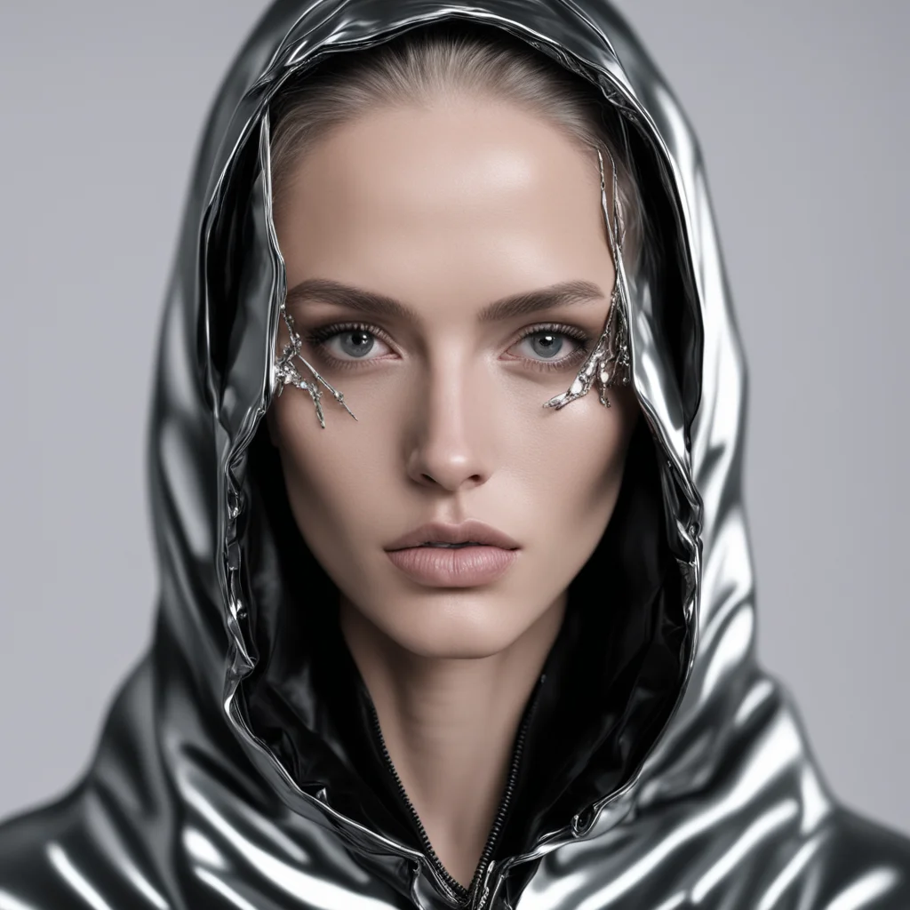 closeup cropped portrait of a fashion model wearing silver liquid metal balenciaga jewelry on her face with a black bale