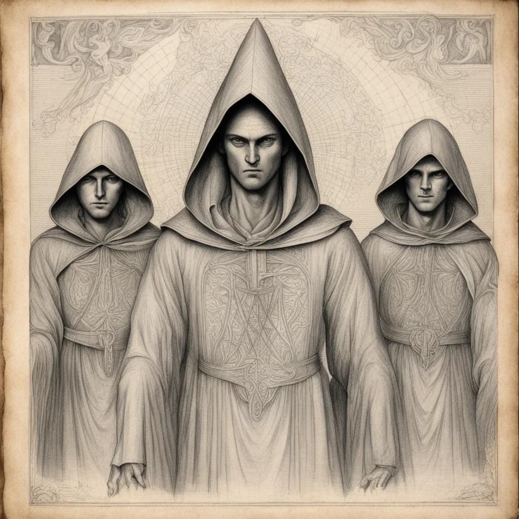 codex page of illuminati illustrated with detailed pencil drawing of hooded men