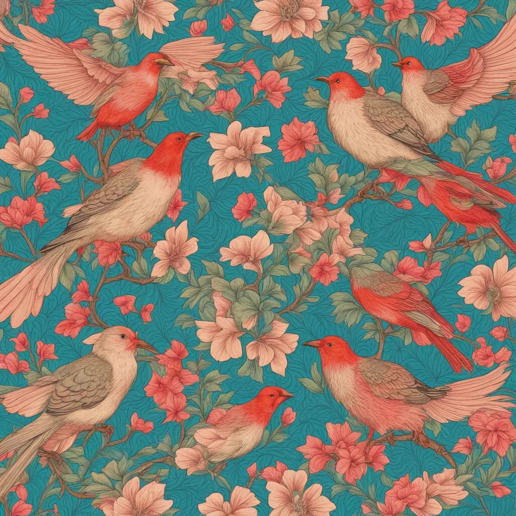 colourful wallpaper pattern birds 8k William Morris ar 169
