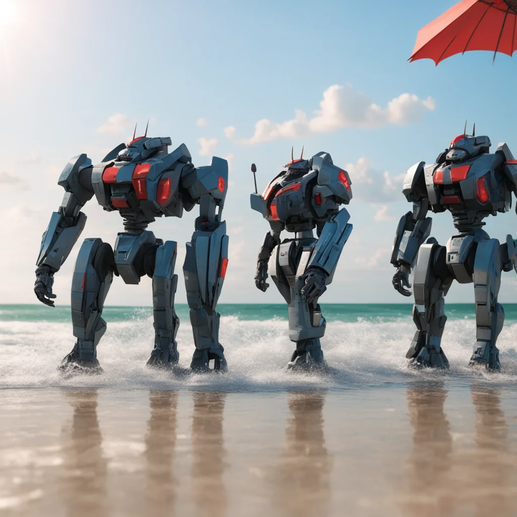 commercial of 3 battle Mechas relaxing on the beach with their feet in the water cocktails and beach umbrellas dramatic 