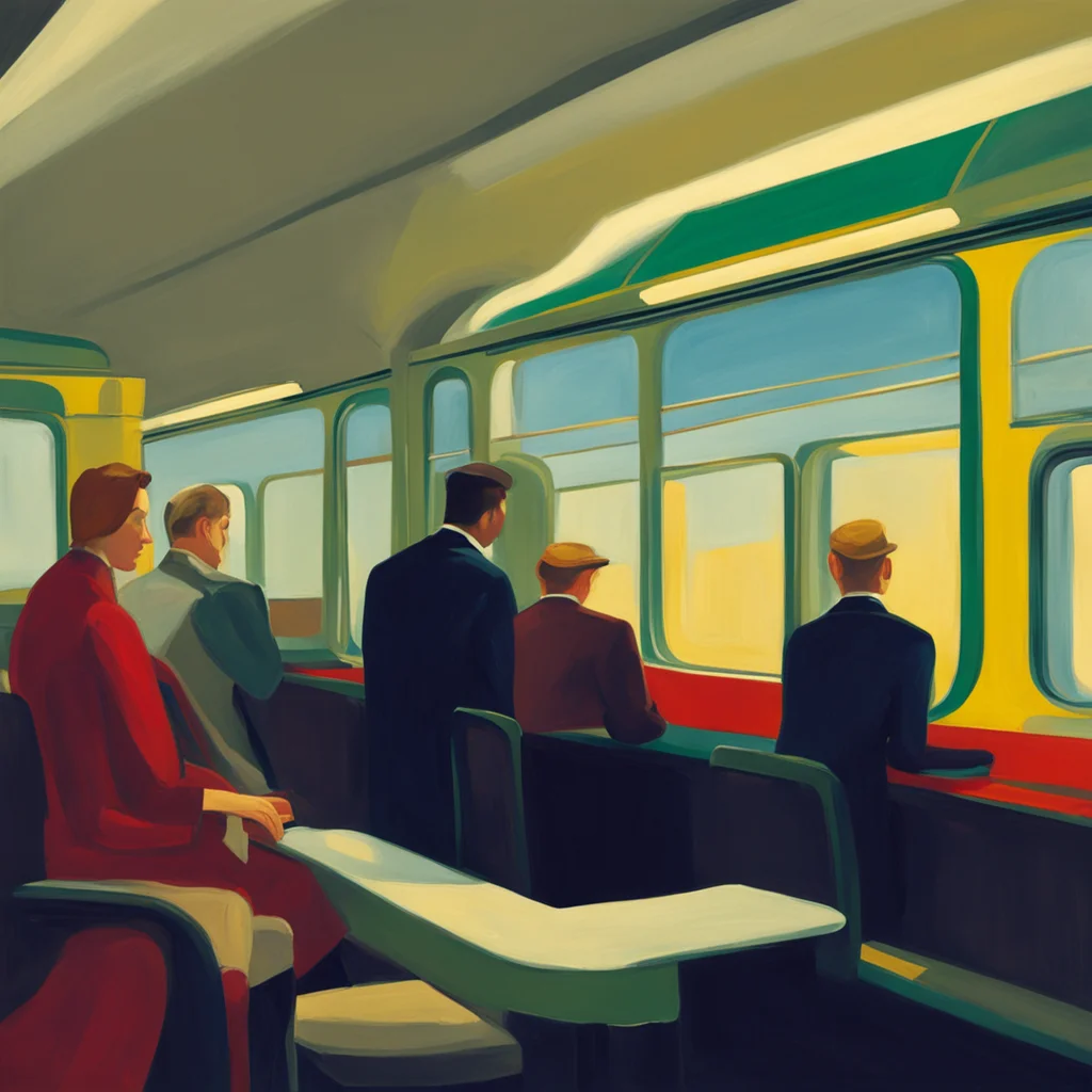 commuters on a train in the style of Edward hopper
