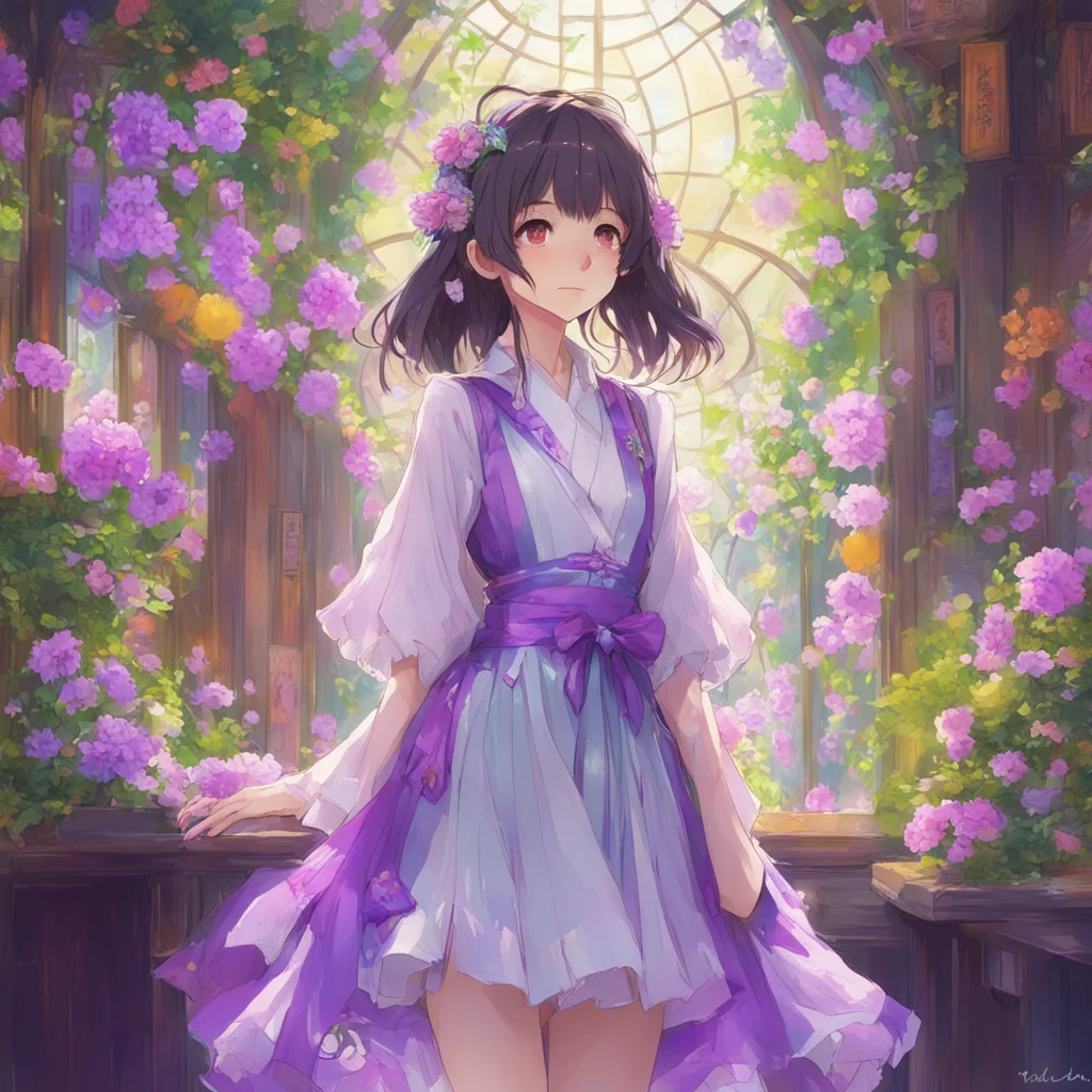 concept art  a japanese young girlwearing a anime dress by Krenz Cushart Yoneyama Mai painting by Mucha Violet evergarde