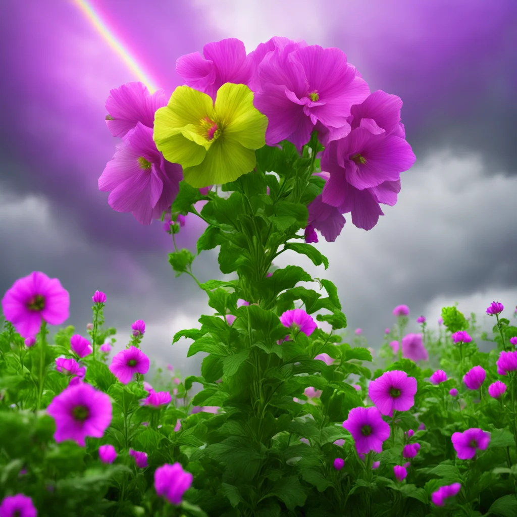 confident Hollyhock plant people standing strong in a hurricane rainbows coming together epic scene octane render fantas