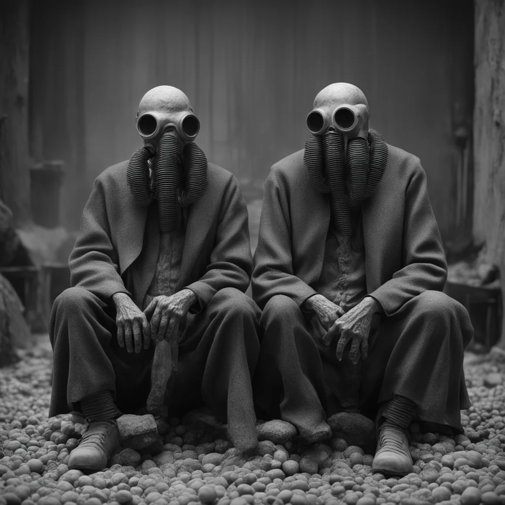 conjoined blighted humanoid priest pores tryptophobia skeletal starving gas mask sitting no crop by Ansel Adams Tintype 
