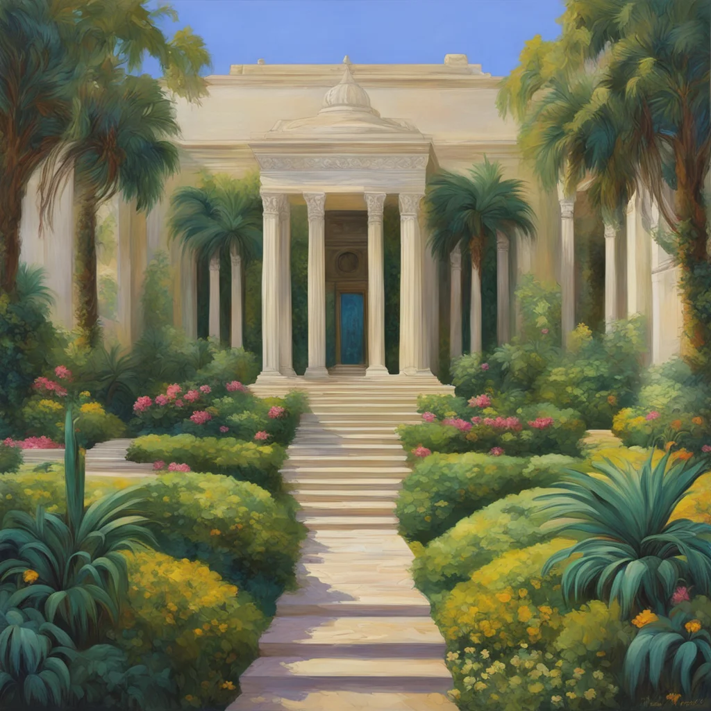 contemporary graphic design of a flat fine art oil painting of a perfectly composed traditional Bahai Step GardensHaifa 