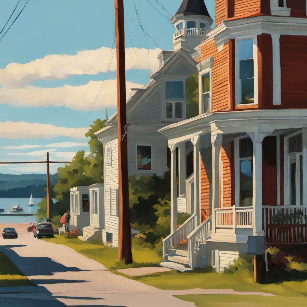 contemporary graphic design of a flat fine art oil painting of a perfectly composed traditional town Chebeague Island Maine in the style of Edward Hopper Norma