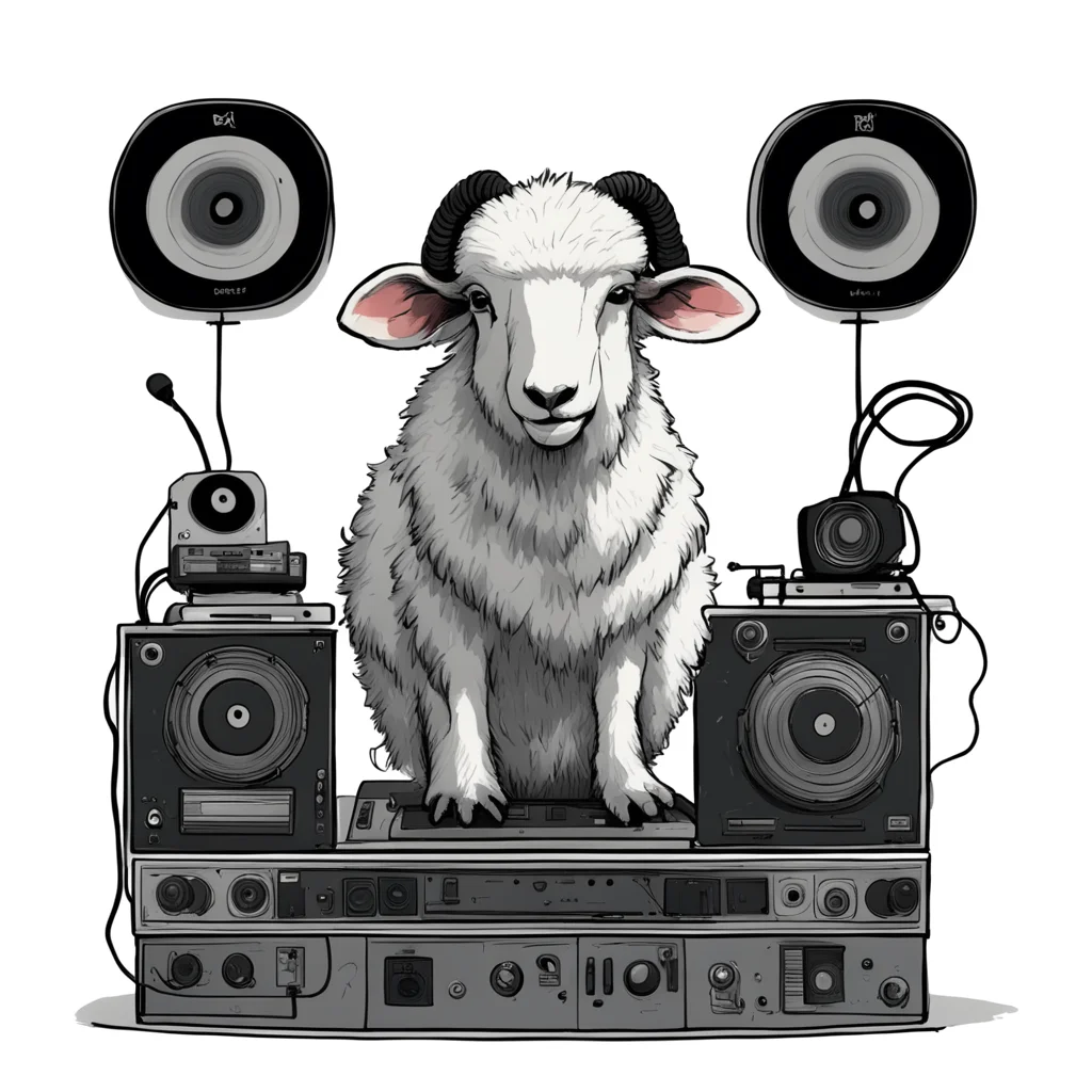coolsheep dj on a sound system at beat herder festival speakers playing music hifi minirig drawn by Jamie Hewlett in the