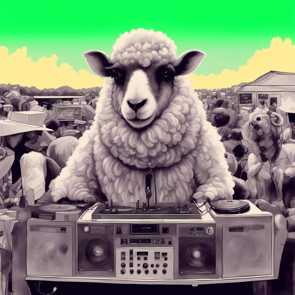 coolsheep dj with big sound system music playing at beatherder festival photoreal in the style of Martin Parr and banksy