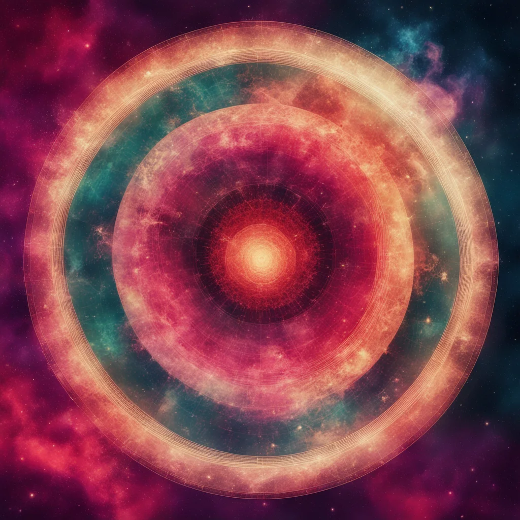 cosmic red backround  fibonacci numbers  golden ratio spiral 15 layers of glitched watercolours 2 strata of data  by alf