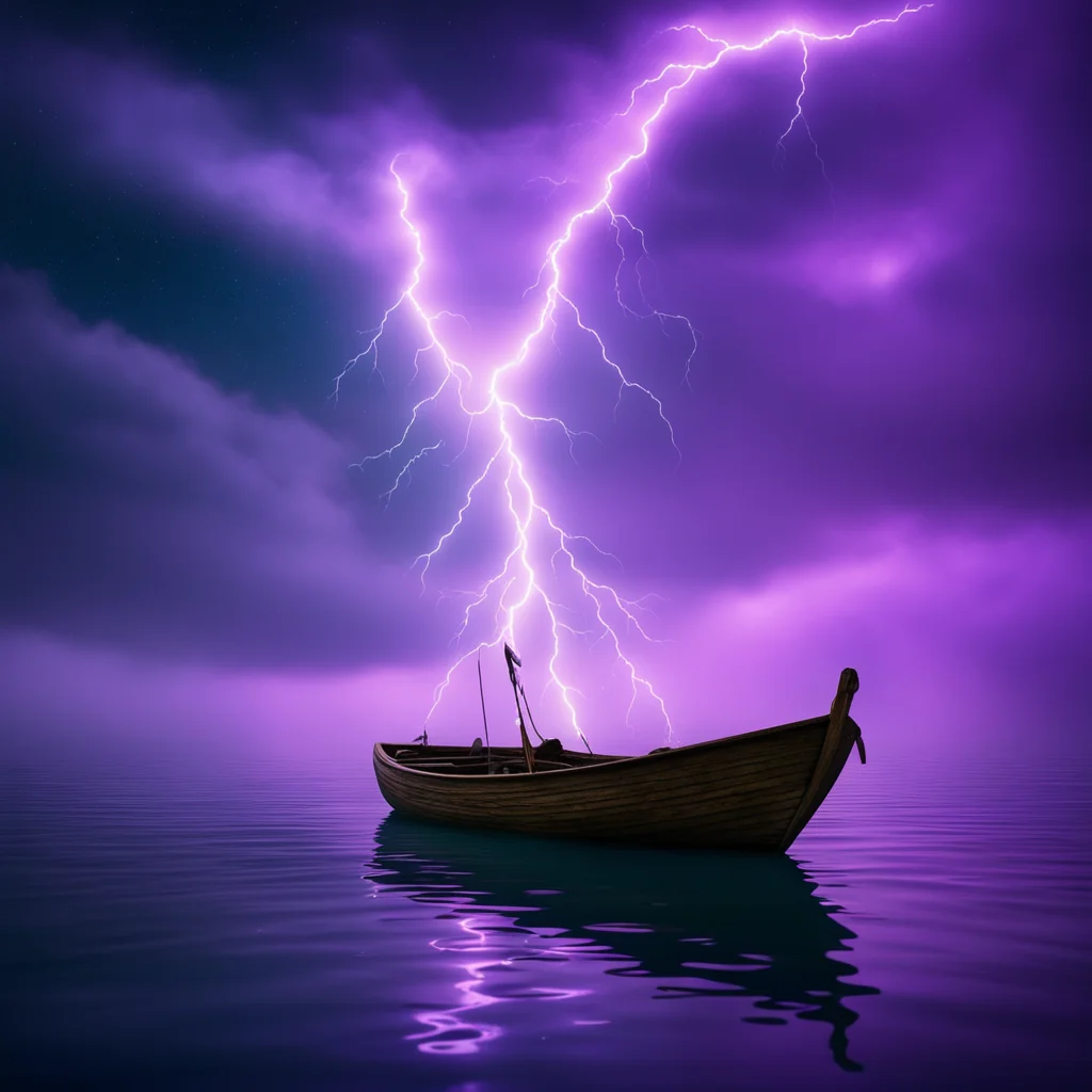 cosmic thunderstorm surrounding a wooden row boat on a lake concept art realistic fog and particles realistic lighting K