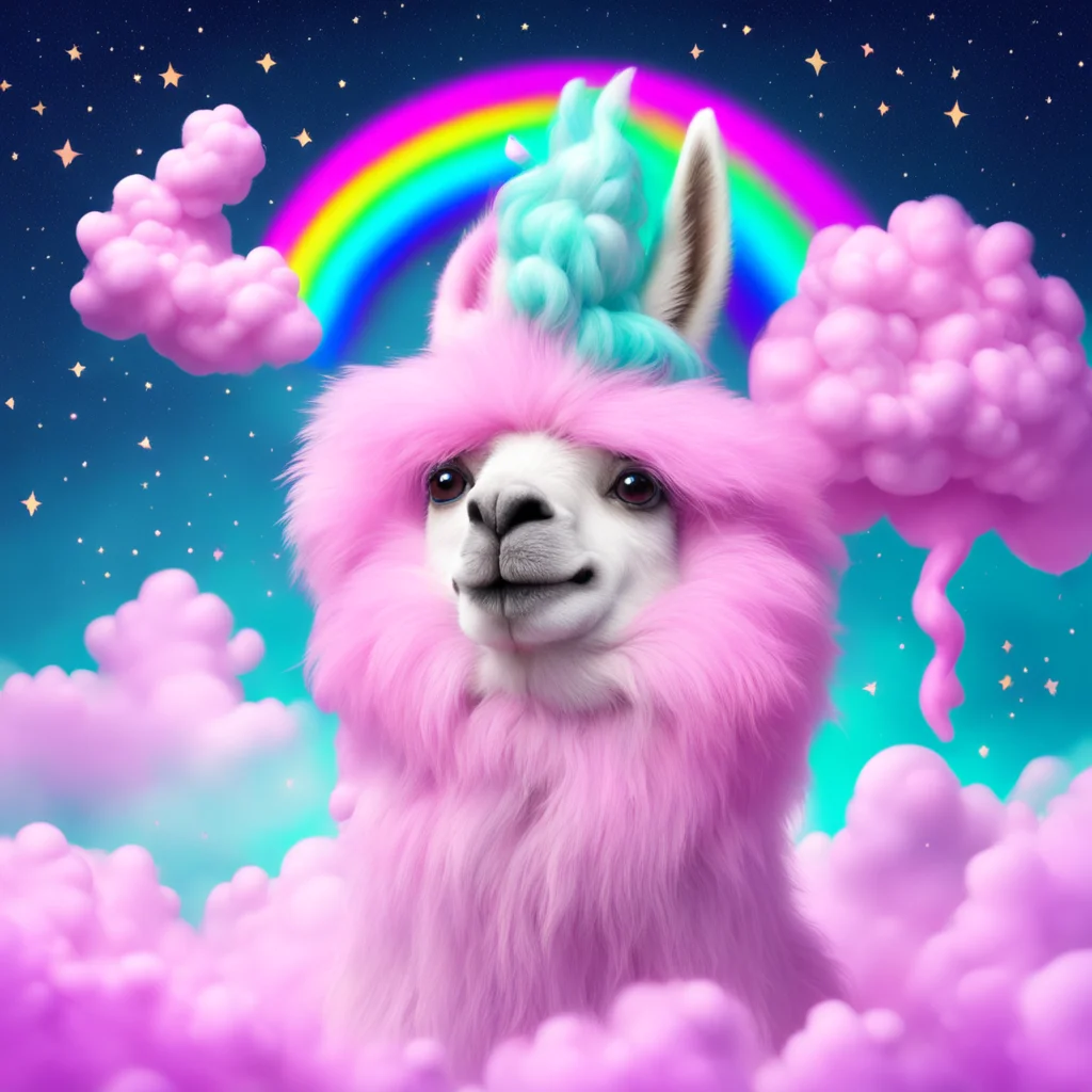 cotton candy llama with unicorn horn heroic in sky with rainbow and stars
