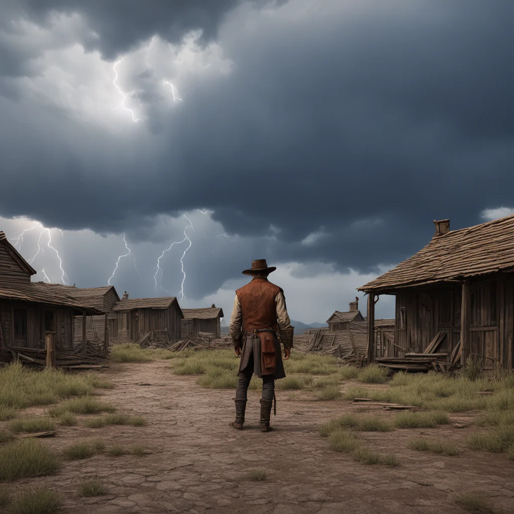 cowboy standing in the distance facing another cowbow in an abandoned western town with stormy clouds lightning in the s