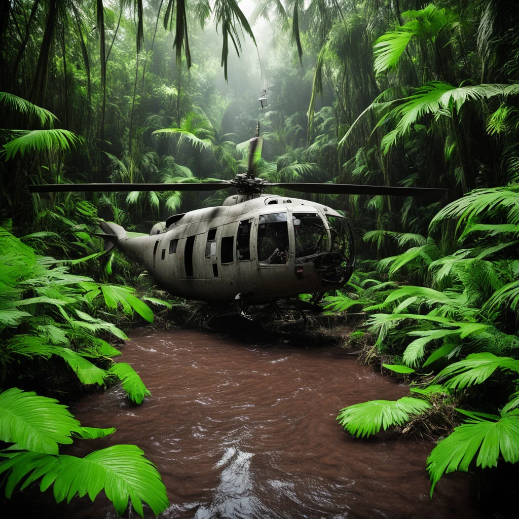 crashed helicopter deep in the middle of the dark jungle around the lianas small river