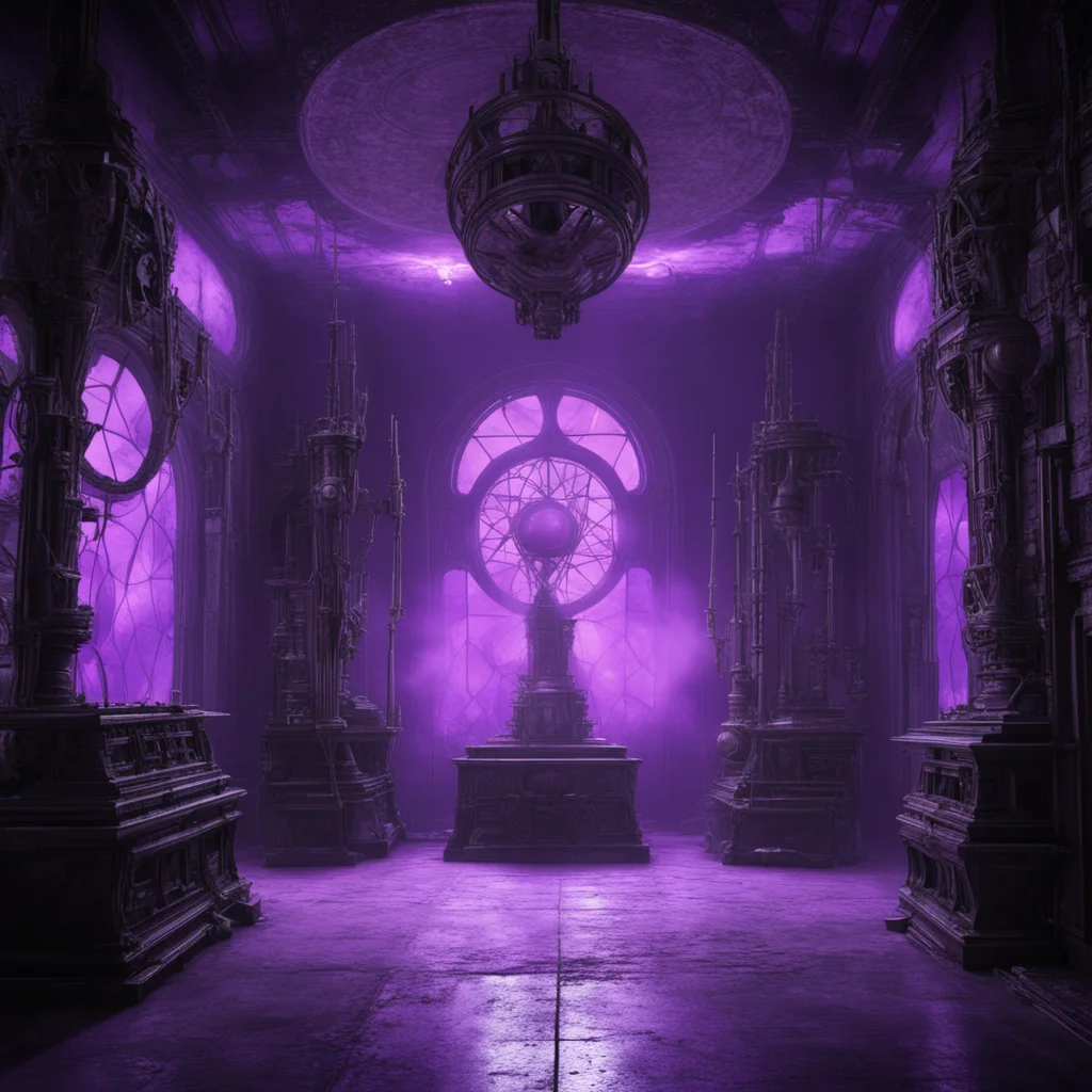 crazy ancient machines made of black iron stone in an interior room with crazy alien geometry faded purple foggy light w