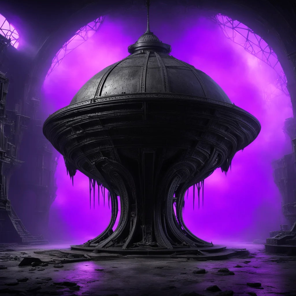 crazy ancient space vessel made of black iron stone in an interior room with crazy alien geometry faded purple foggy lig