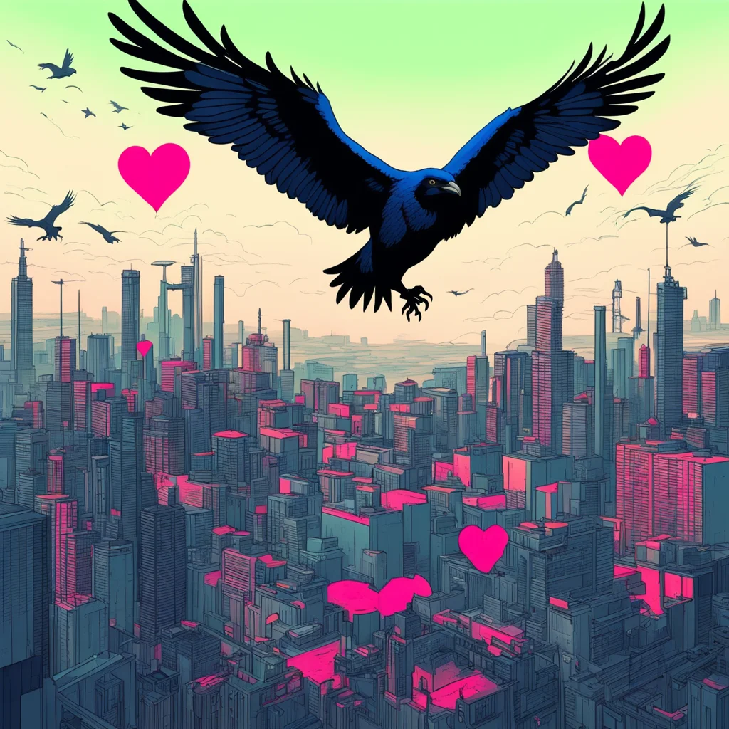 crow flying over industrial city with human heart in its claws modernist illustration color ink 4k aspect 169