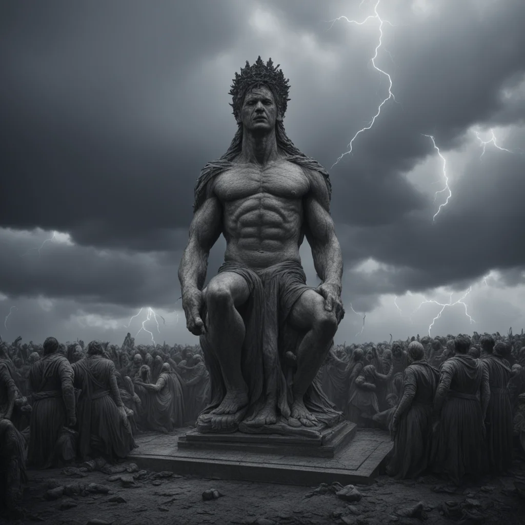 crowd kneeling around a giant statue Eerie atmosphere darkness gloomy lightning Highly detailed epic composition engravi