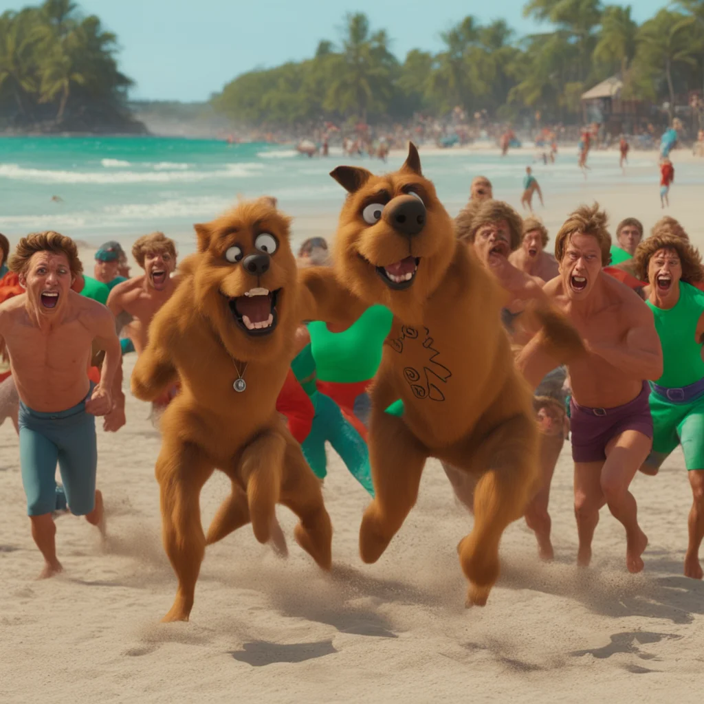 crowd of Jokers attacks scooby doo in sandy beach chaotic ultrarealistic highly detailed cinematic Panavision film camer