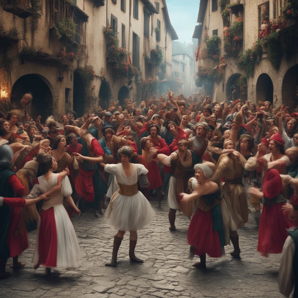 crowd of balerinas attacks a jester in a medieval marketchaotic ultrarealistic highly detailed cinematic Panavision film