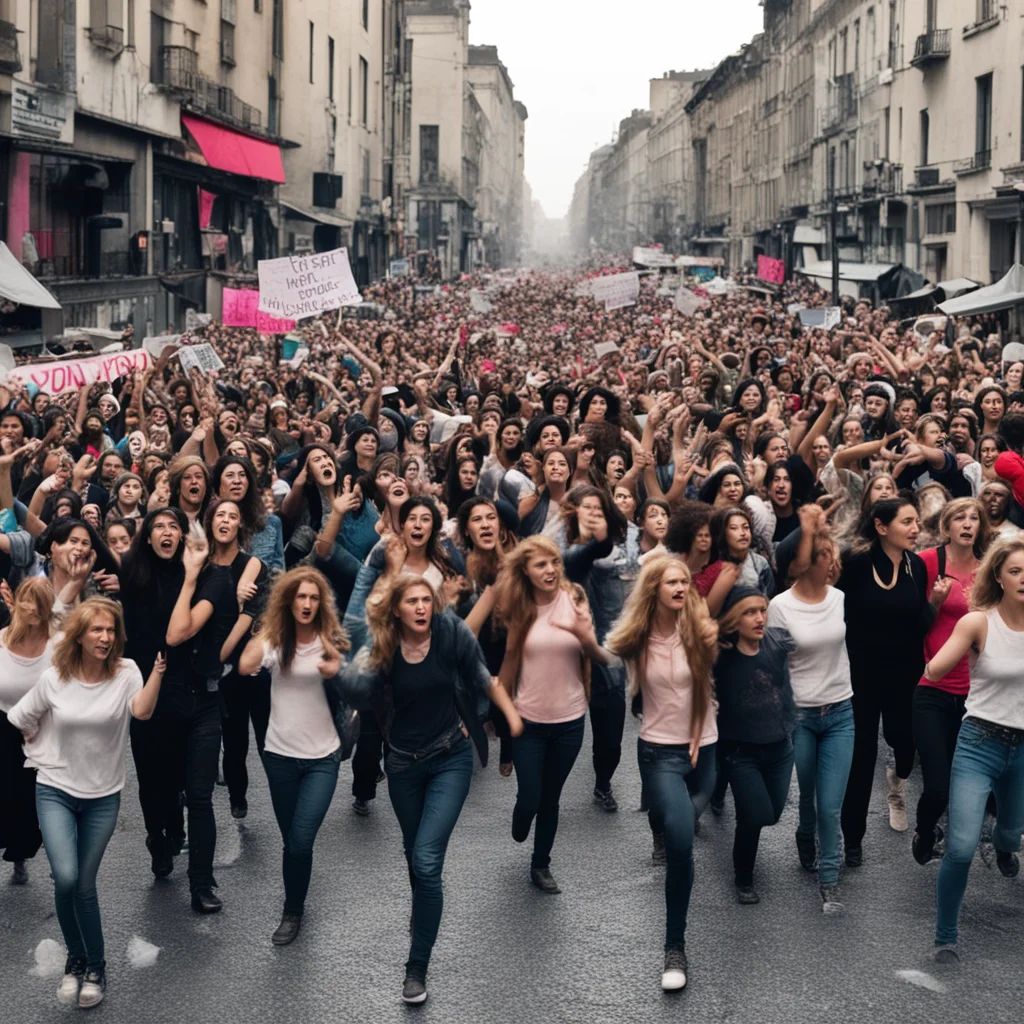 crowd of feminists in streets rioting for woman autonomy across city
