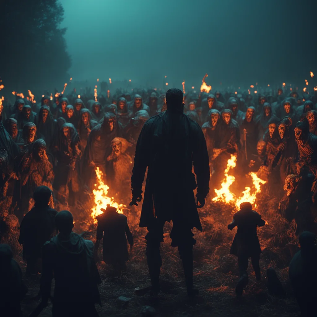crowd of ghouls attacks an adventurer in graveyard at night torches chaotic ultrarealistic highly detailed cinematic Pan