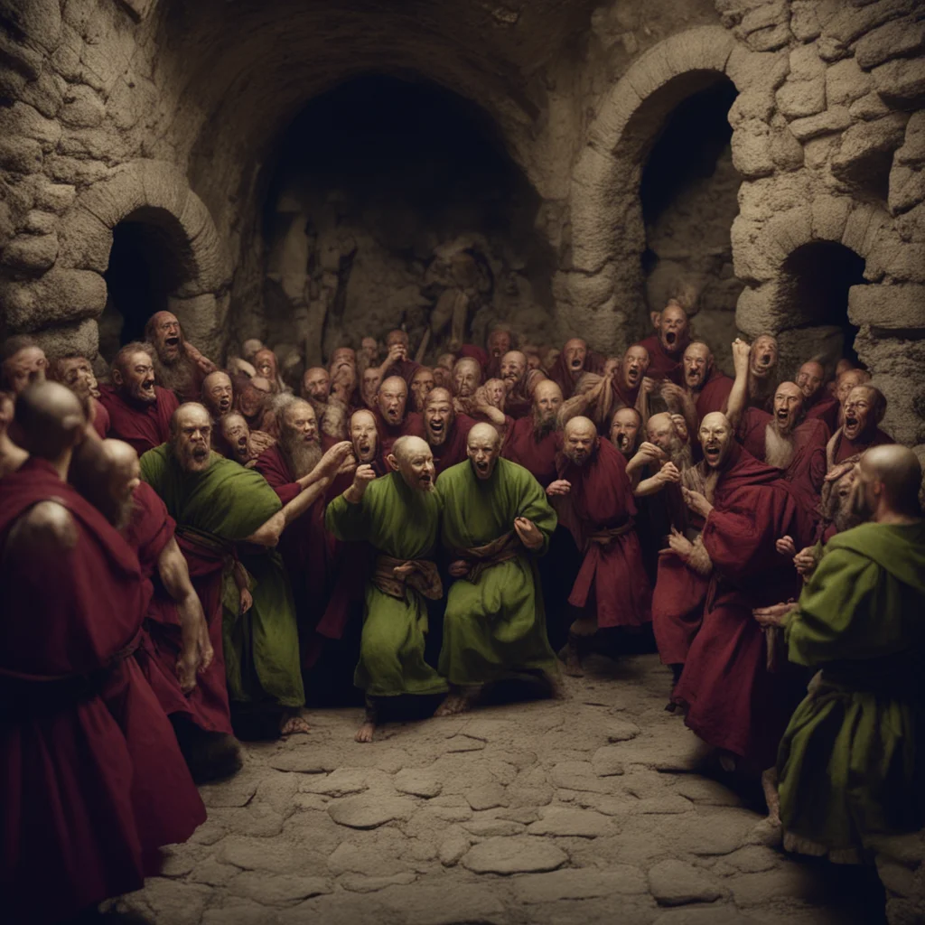 crowd of goblins attacks monksin a medieval wine cellar chaotic ultrarealistic highly detailed cinematic Panavision film