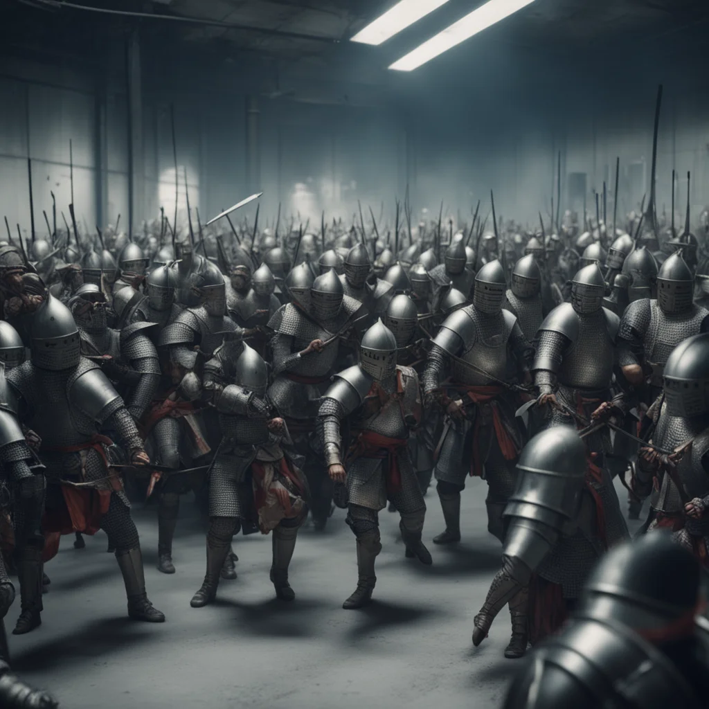 crowd of medieval knights attacks a samurai in nuclear facility control room chaotic ultrarealistic highly detailed cine