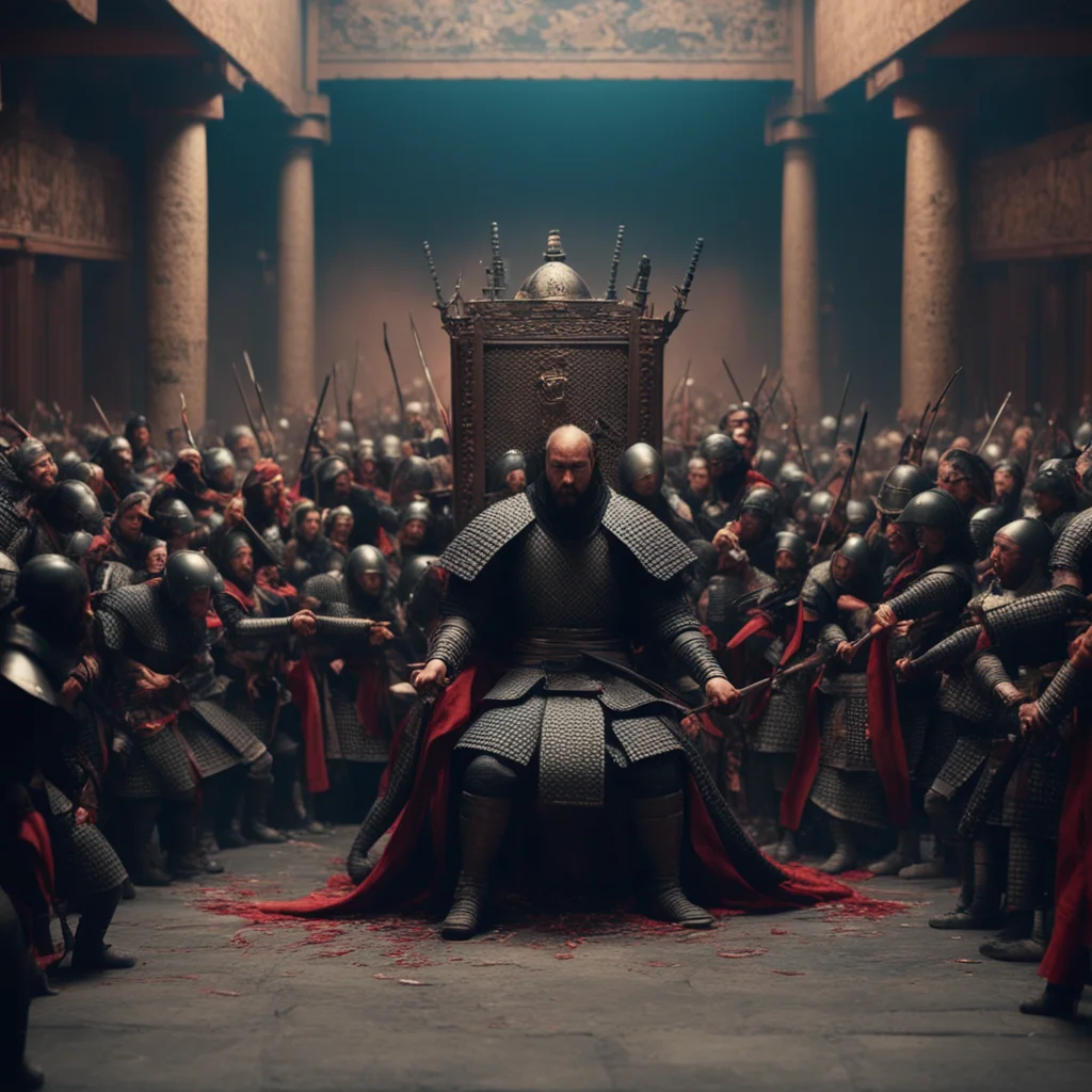 crowd of samurai attacks a king in a medieval throne roomchaotic ultrarealistic highly detailed cinematic Panavision fil