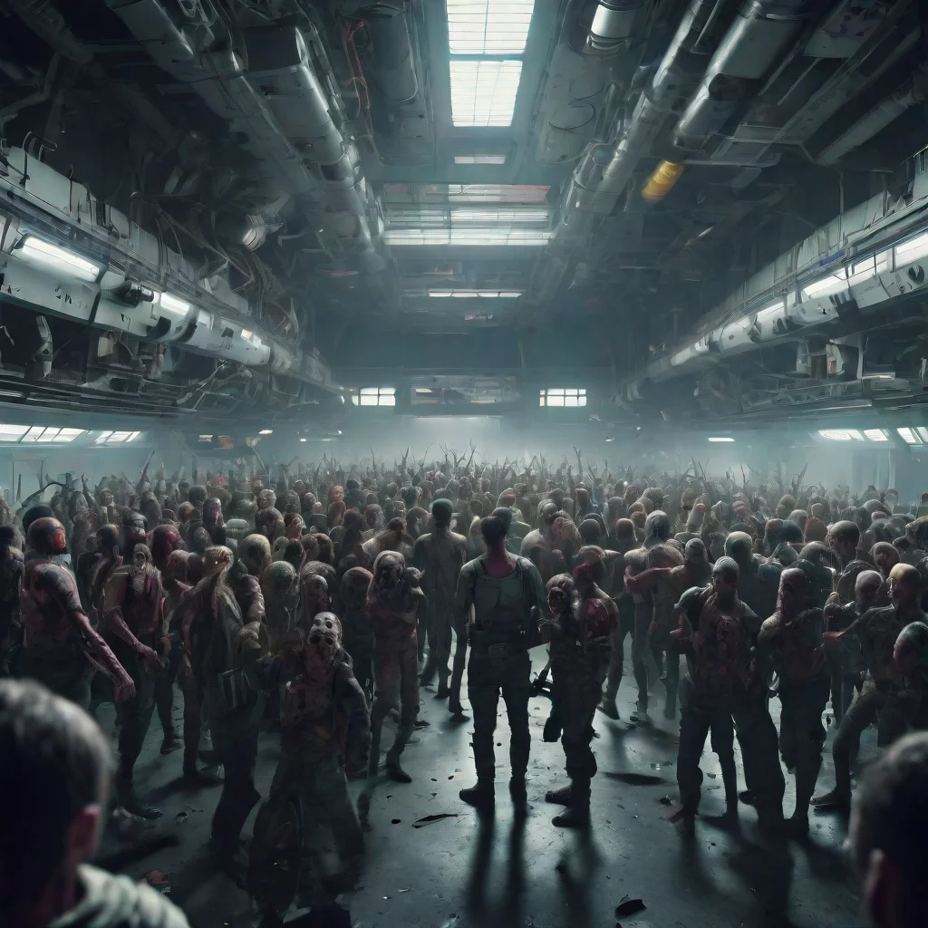 crowd of zombies attacks a knight in abandoned space station chaotic ultrarealistic highly detailed cinematic Panavision