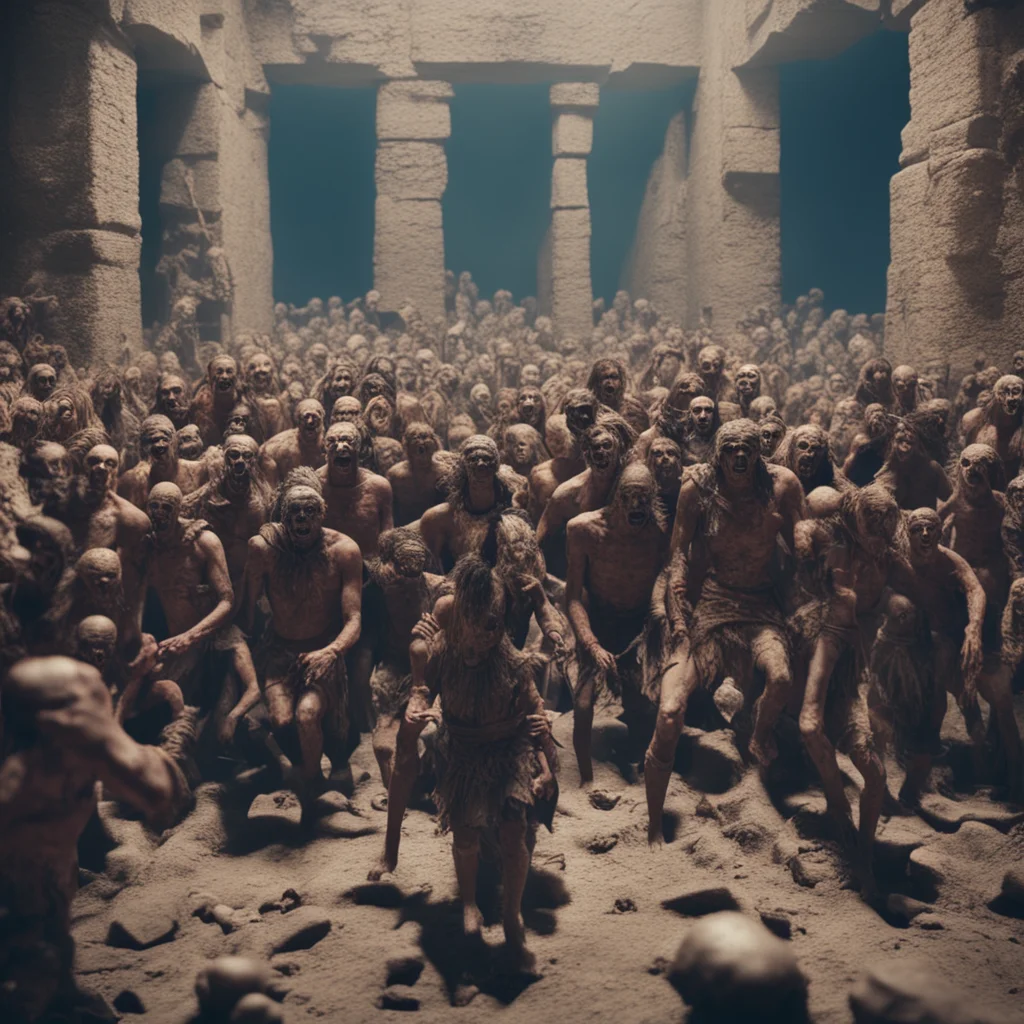 crowd of zombies attacks a knight in ruined aztec tomb chaotic ultrarealistic highly detailed cinematic Panavision film camera 8k w 1792 h 1024