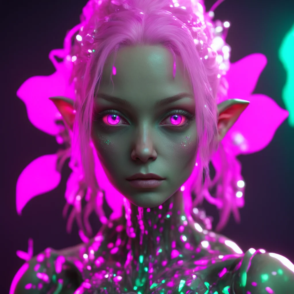 crystal plant being character with pink neon goldfish eyes 4k asymmetrical portrait hyper realistic highly detailed mach