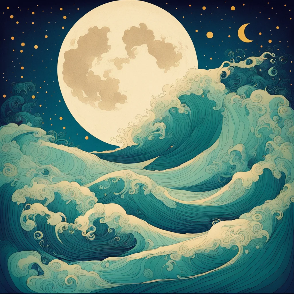 curling waves under the moon night sky Retro Victo Ngai art nouveau