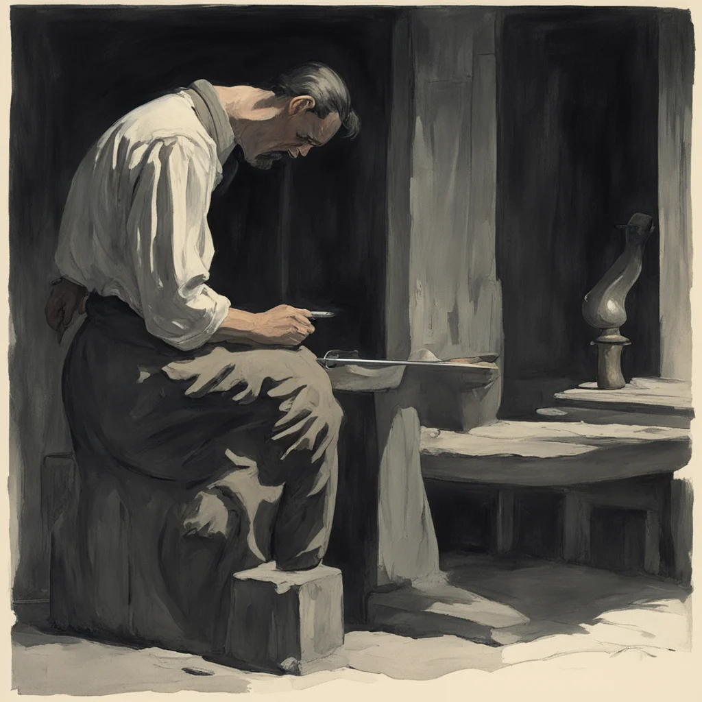 cursed blacksmith forging a sword in a stone smith profile american shot concept art by Edward Hopper ar 168