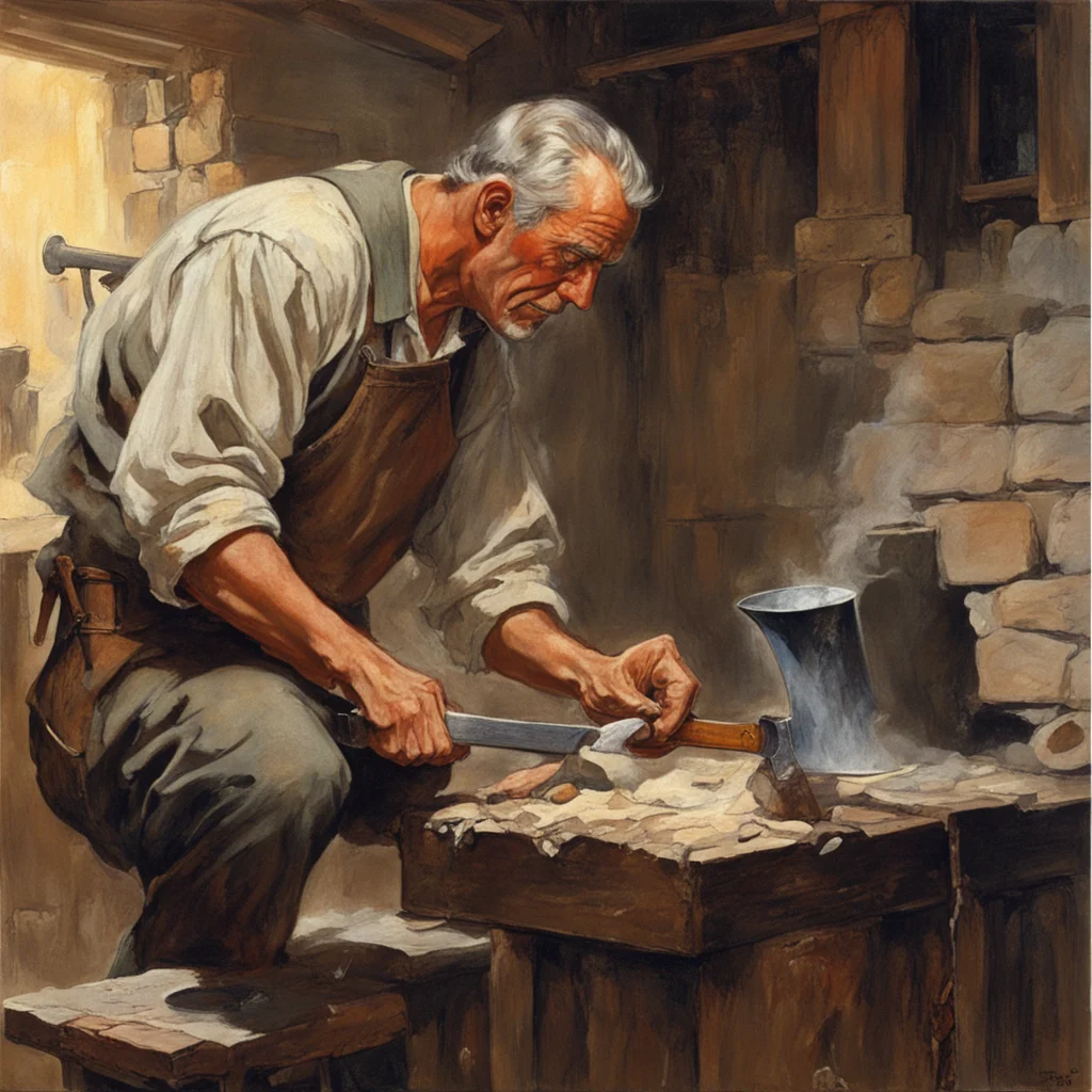 cursed blacksmith forging a sword in a stone smith profile american shot concept art by Norman Rockwell ar 168
