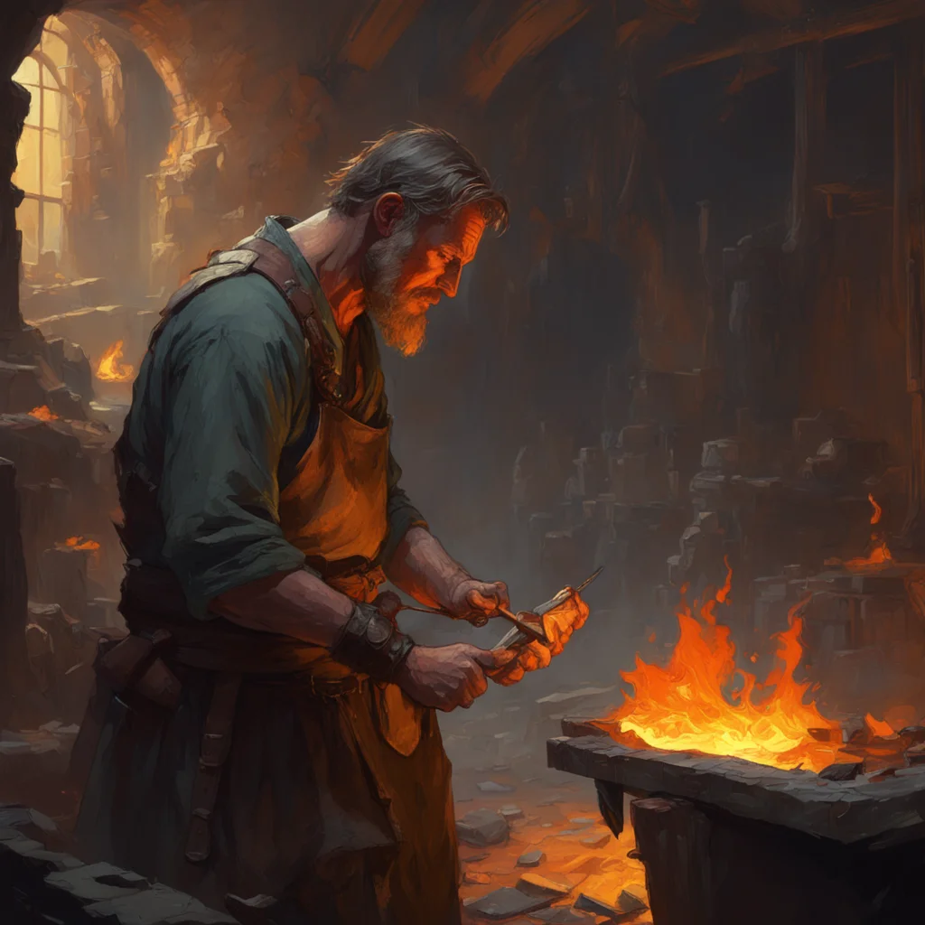 cursed blacksmith forging a sword in a stone smith profile american shot concept art by craig Mullins ar 168