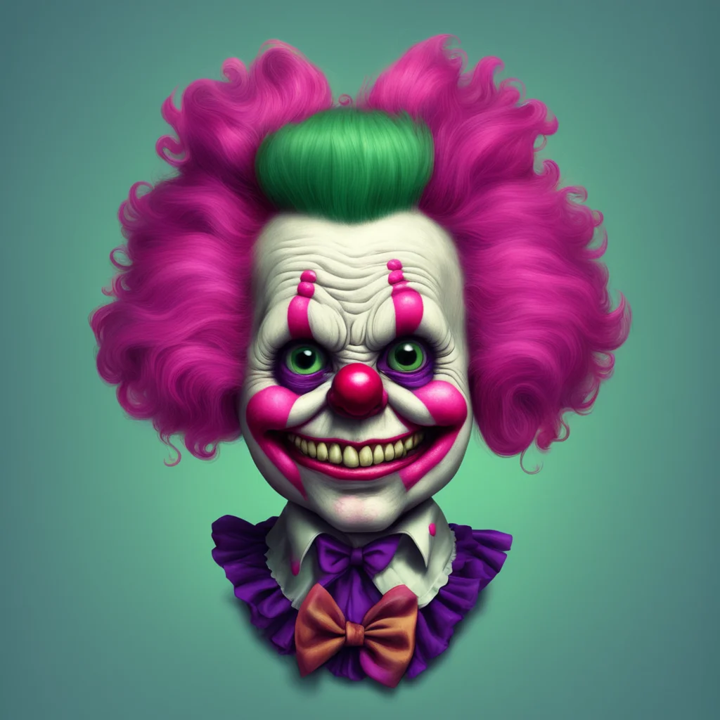 cute dead clown with epic bangs in the style of j k potter and James W Johnson