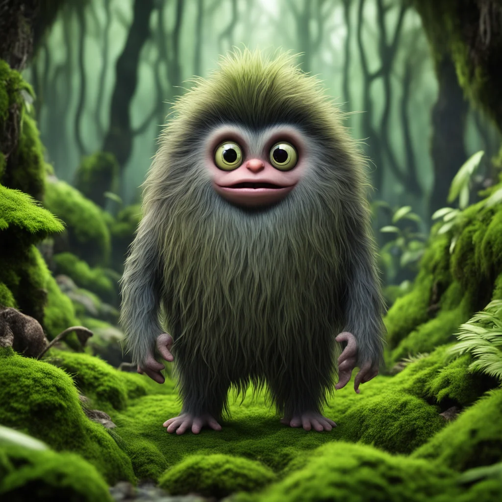 cute monster with long beard standing on moss in the junglebig eyes hair over whole body in the style of ‘where the wild