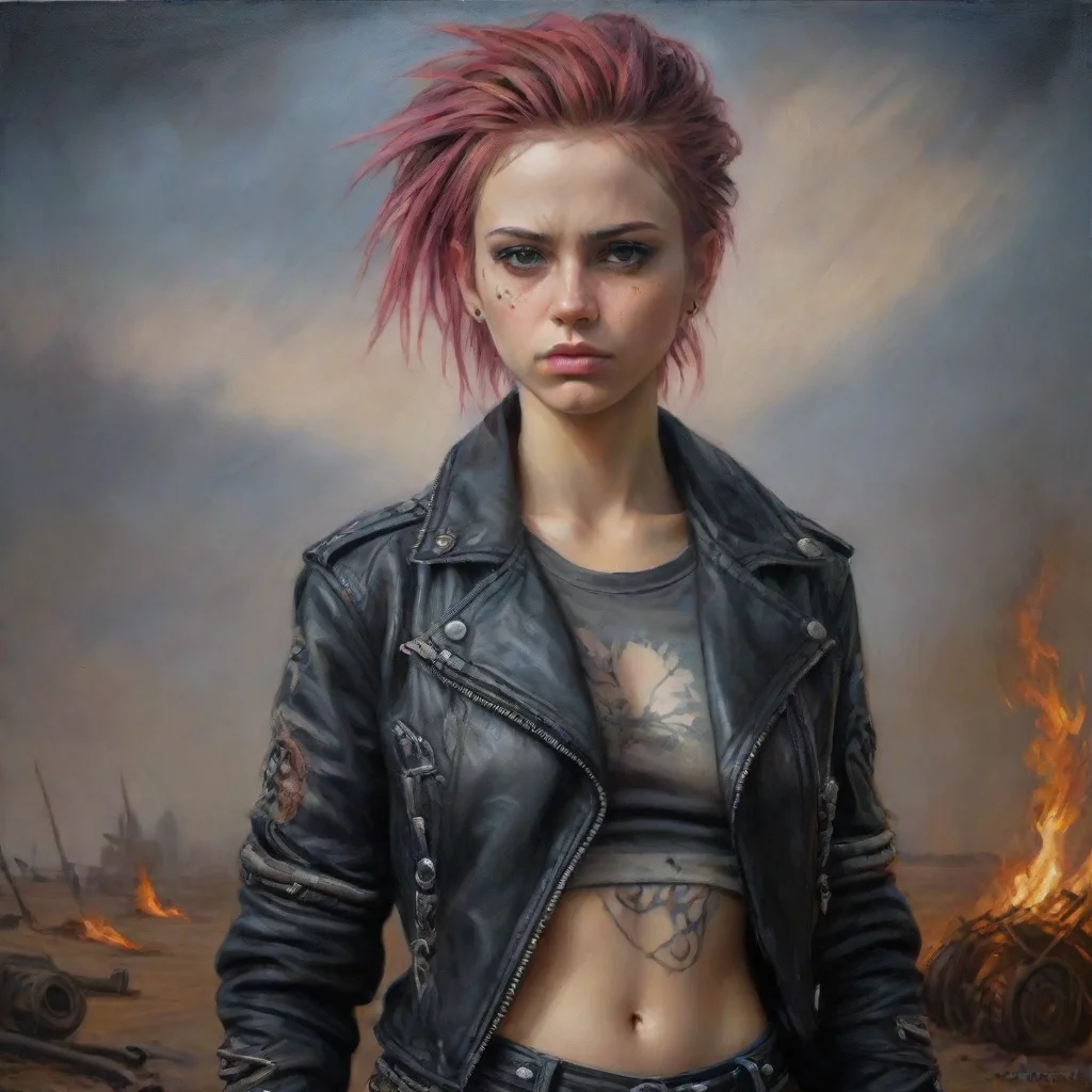 cute punk rock girl, mad max jacket, renaissance, cables on her body, hyper realistic style, oil painting, fantasy by Olga Fedorova dreamy