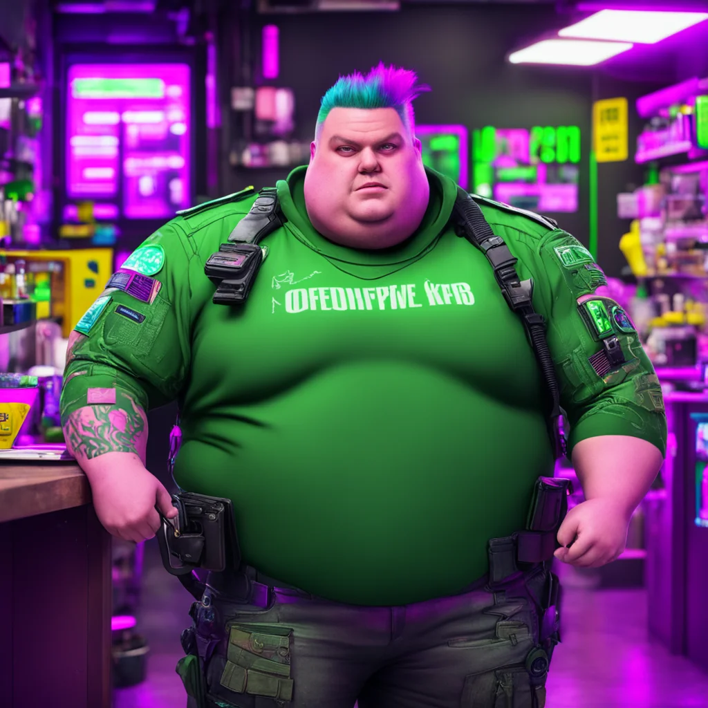 cyber punk overweight military coffeeshop owner