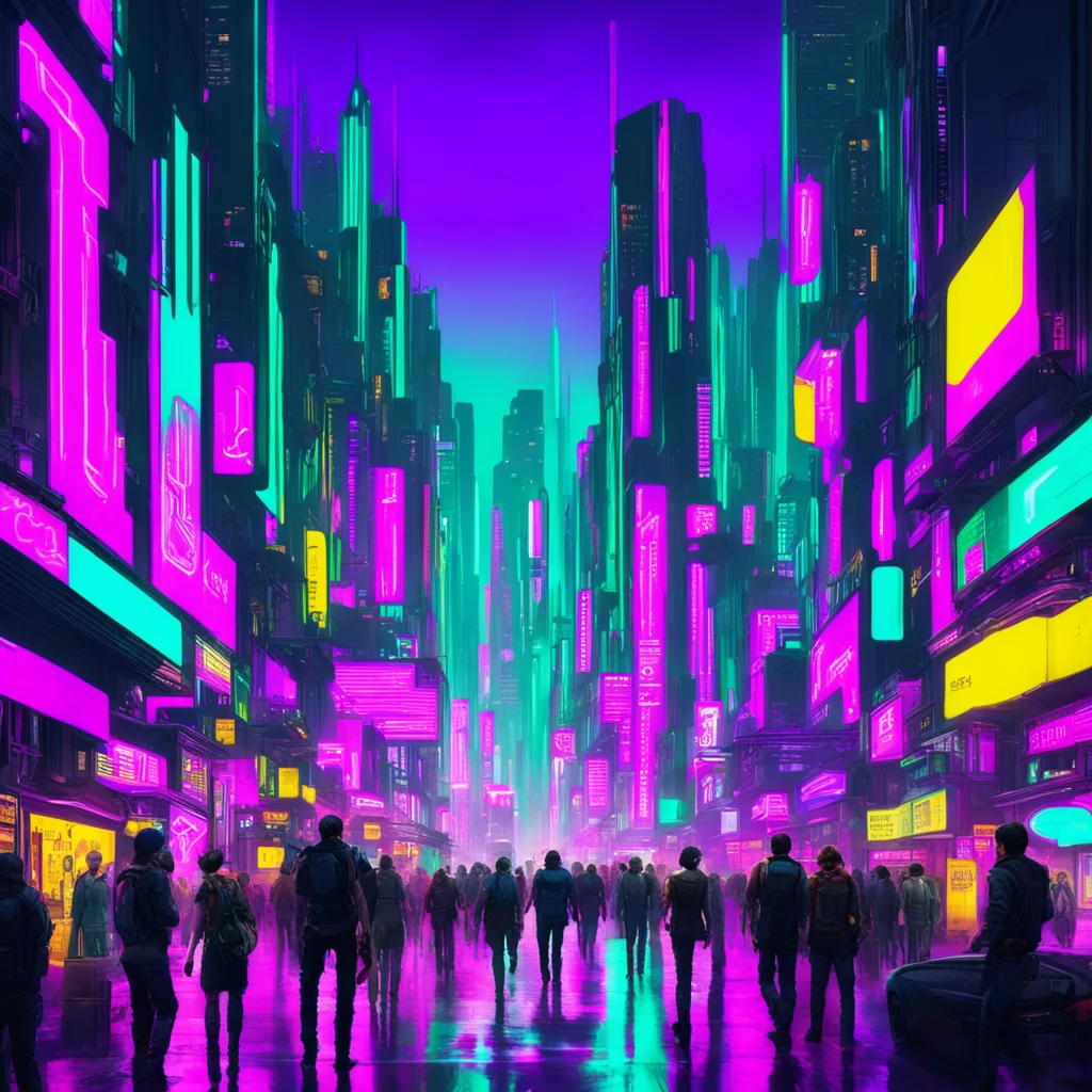cyberpunk city colorful utopian many people night
