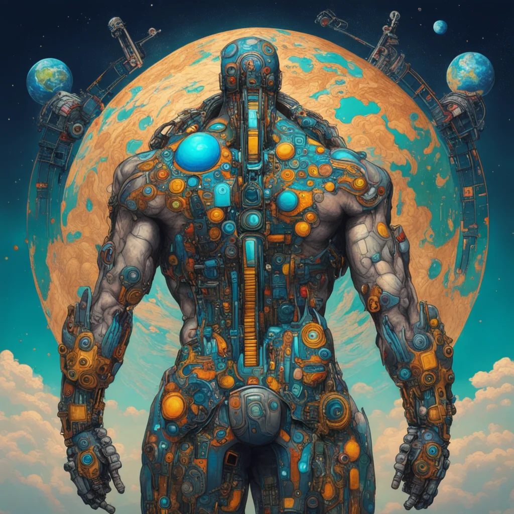 cyberpunk cyborg Titan carries the planet earth on his back  in style of klimt