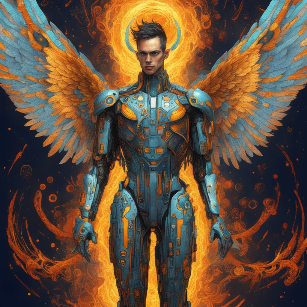 cyberpunk cyborg icarus with wings of fire falls from the sky  in style of klimt