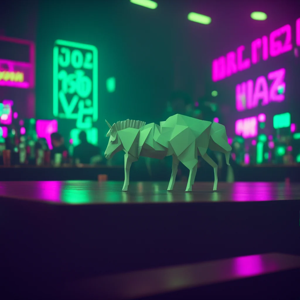 cyberpunk futuristic crowded scifi bar night small tiny folded paper white unicorn on a table gloomy haze misty melancho