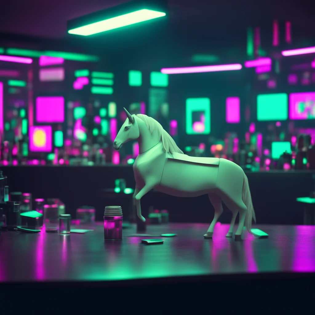 cyberpunk futuristic crowded scifi bar small tiny folded paper white unicorn on a table gloomy haze melancholicdark fade