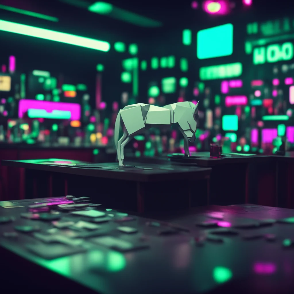 cyberpunk futuristic crowded scifi bar small tiny folded paper white unicorn on a table gloomy melancholicdark faded col